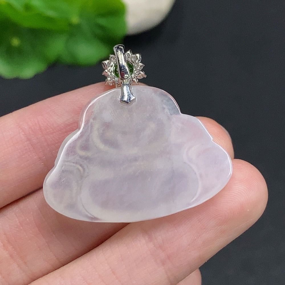Jadeite Buddha pendant with 18K gold clasp, accented with diamonds, weighs approx. 8.2g, from HUILIU HQ.