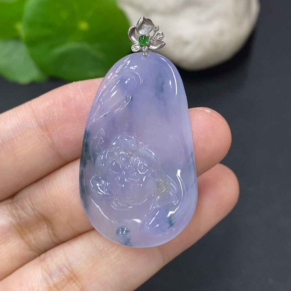 Jadeite auspicious fish pendant necklace with 18K gold clasp and diamond accents, crafted by HKHQ.