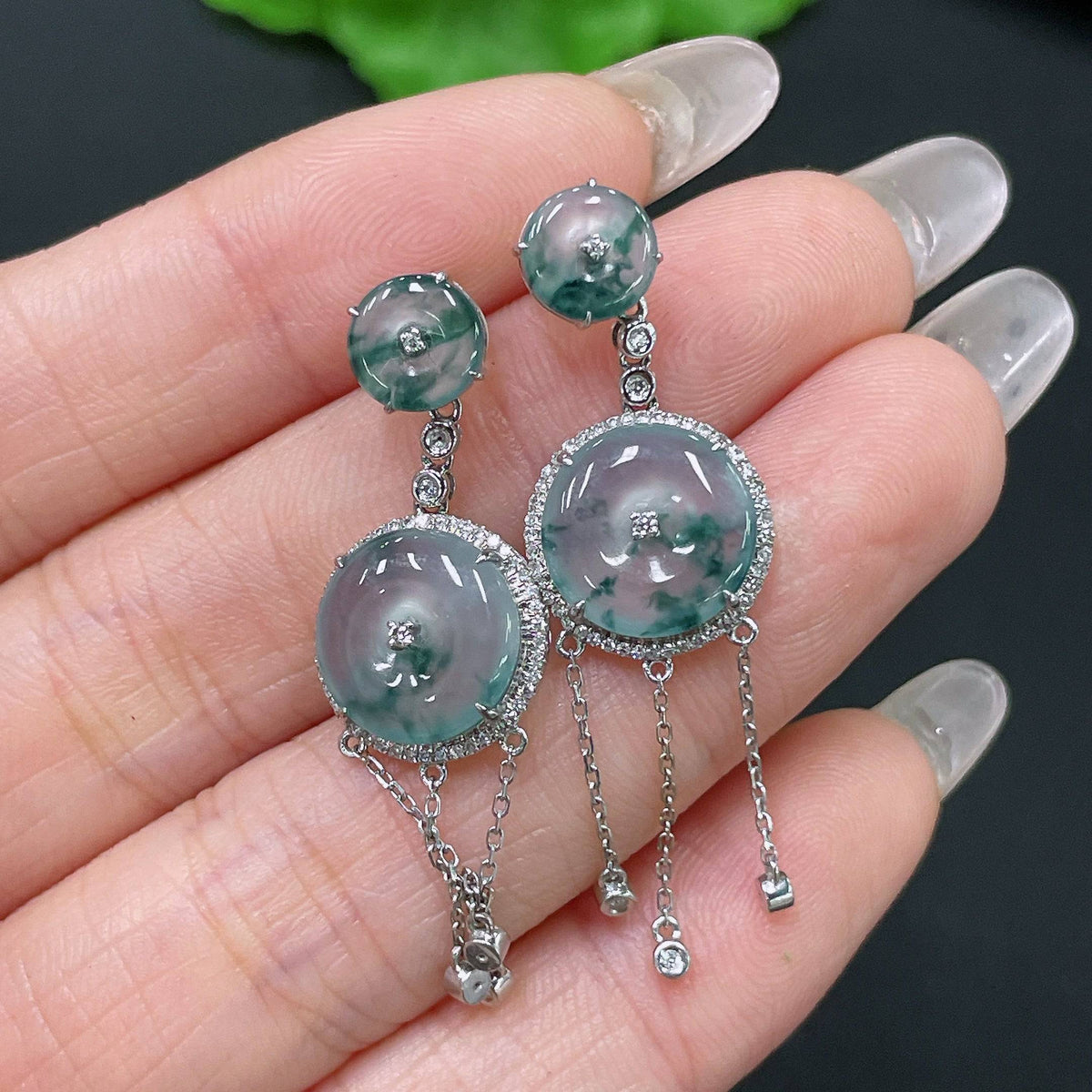 HUILIU HQ Jadeite safety buckle inlaid earrings with diamond accents and matching ear backs, showcasing elegant jade jewelry design.
