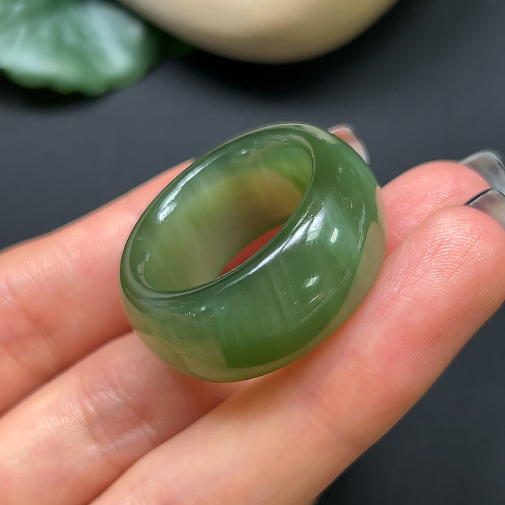 Hetian jade jewelry thimble, size 24, weighing approximately 14.37g, crafted by HKHQ, showcasing smooth green jade craftsmanship.