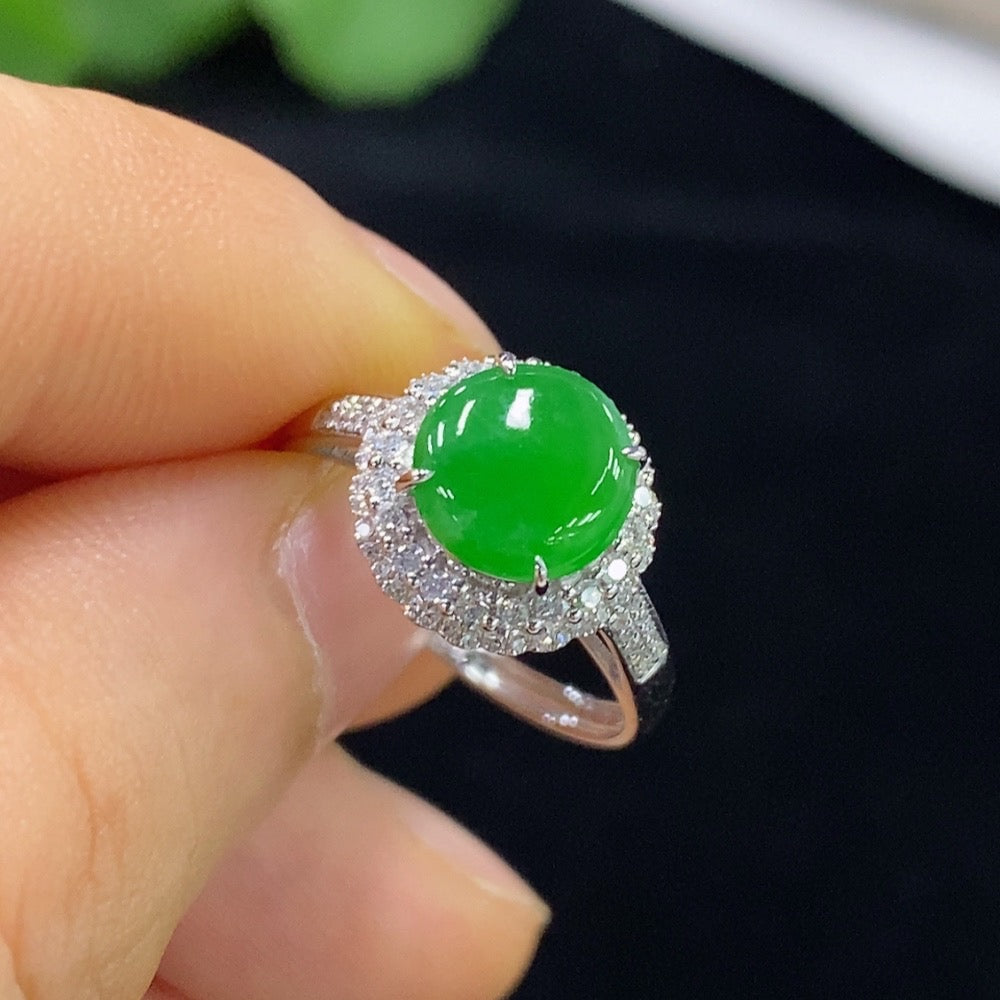 Jadeite ring with 18k gold band and diamond accents, size 14, crafted by HUILIU HQ, showing detailed close-up of the jewelry.