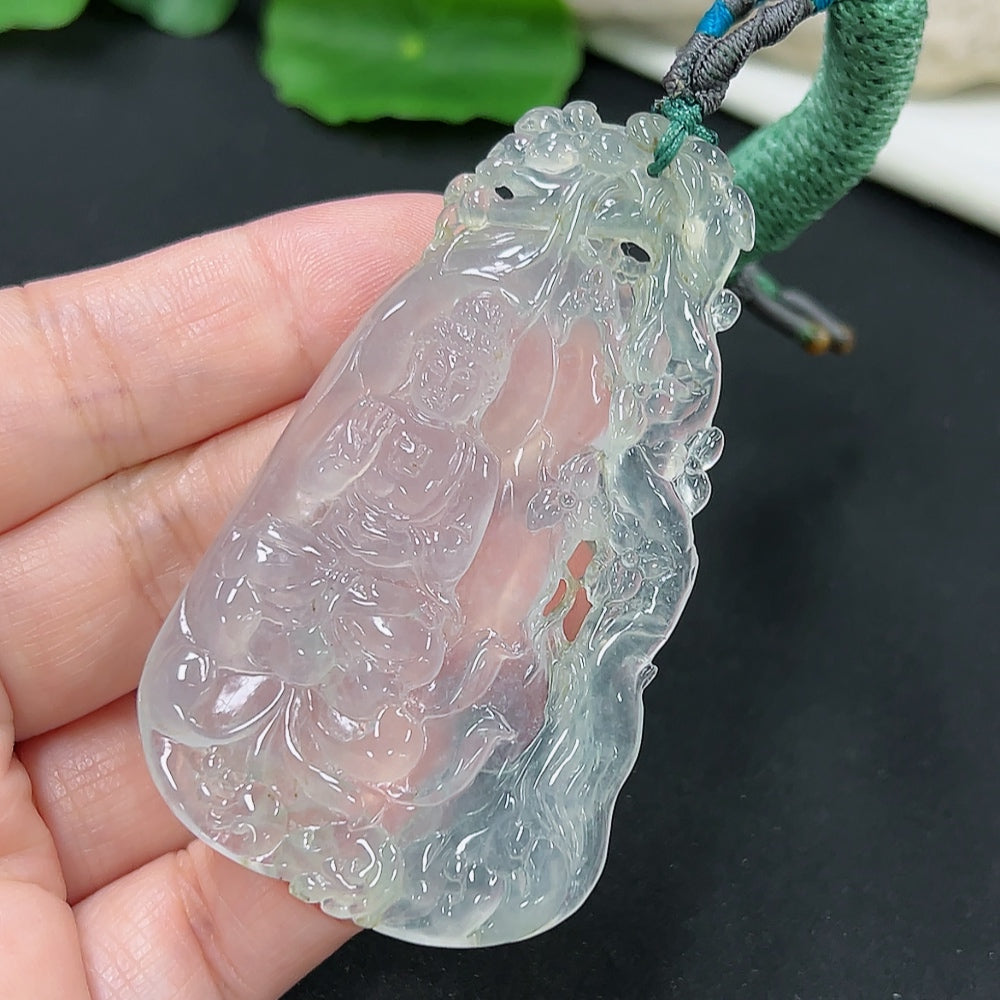 Jadeite Guanyin pendant with cord, crafted from green jade, weighing approximately 27.4g, from HKHQ.