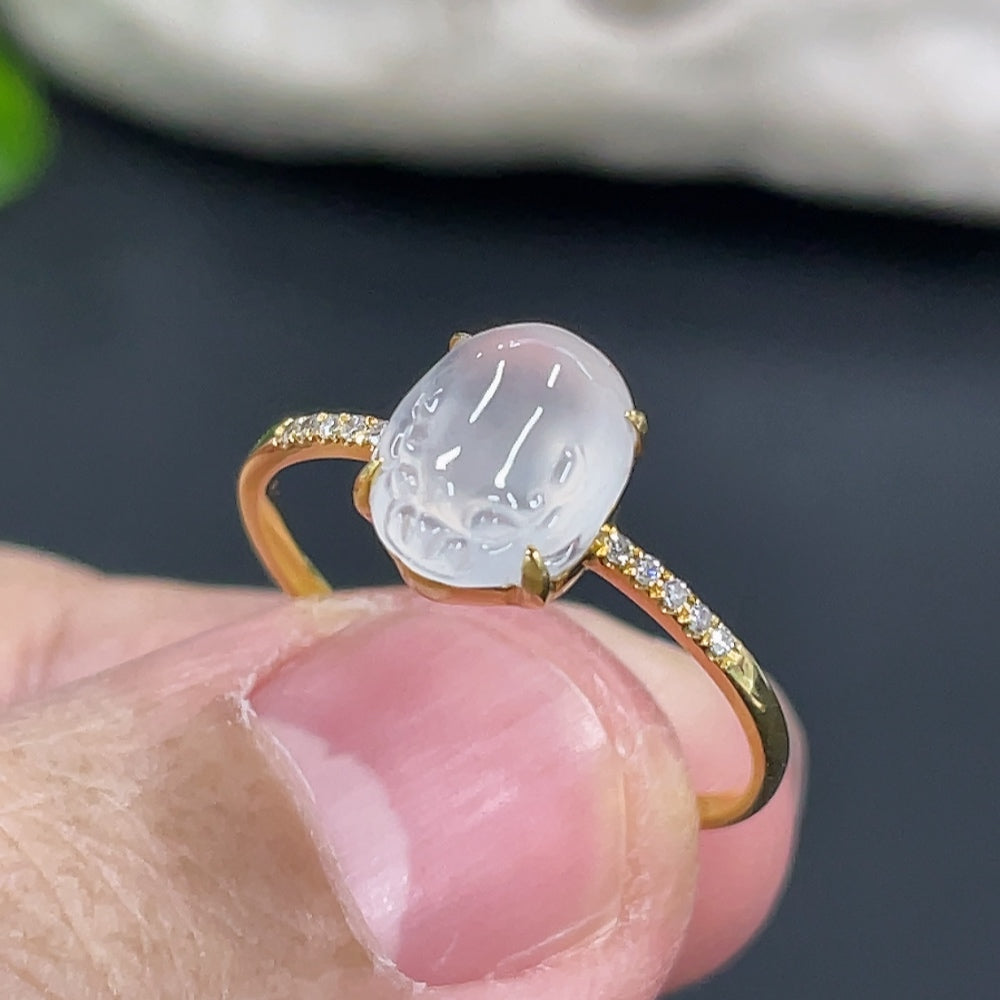 Jadeite Three-Legged Golden Toad Inlaid Ring 18k Gold Setting Size 14 Total Weight Approx. 1.25g with Diamond Accents