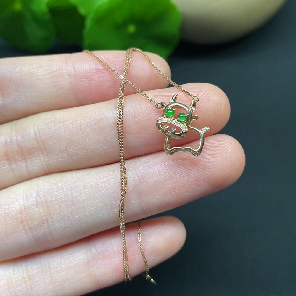 Jadeite Cabochon Pendant Necklace with 18K Gold and Diamond Accents, Total Weight Approximately 1.34g Including Chain