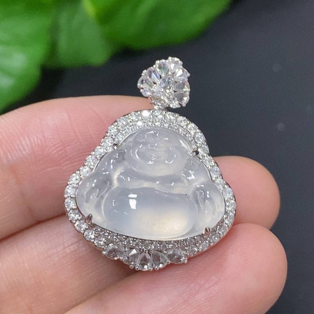 Huiliu jadeite Buddha pendant with diamond accents in a silver setting, showcasing intricate craftsmanship and polished finish.