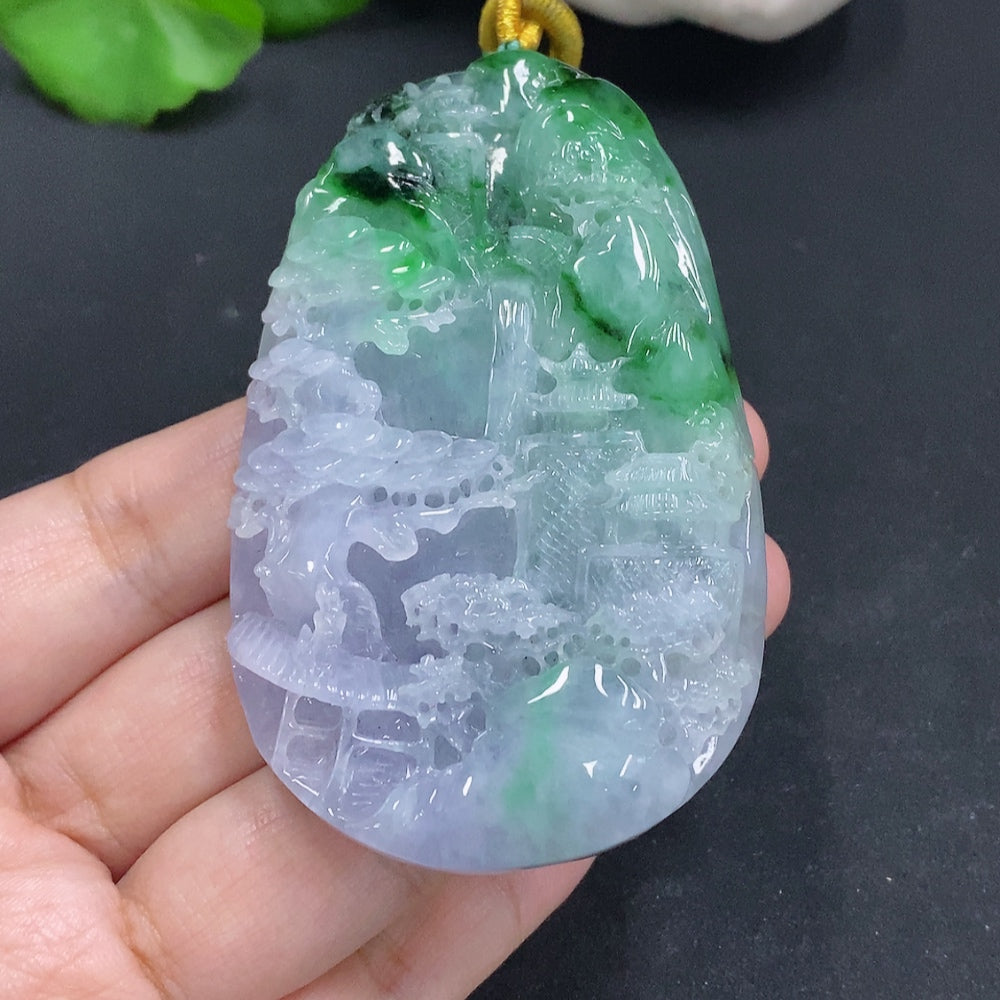 Jadeite Landscape Pendant with Cord Total Weight Approx. 100.5g (Including Other Mineral Components)