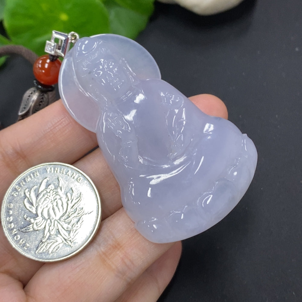 Jadeite Guanyin Pendant with 18K Gold Clasp, Total Weight Including Rope Approximately 38.9g (Rope Accessories Not Gold) (Diamond Accents)