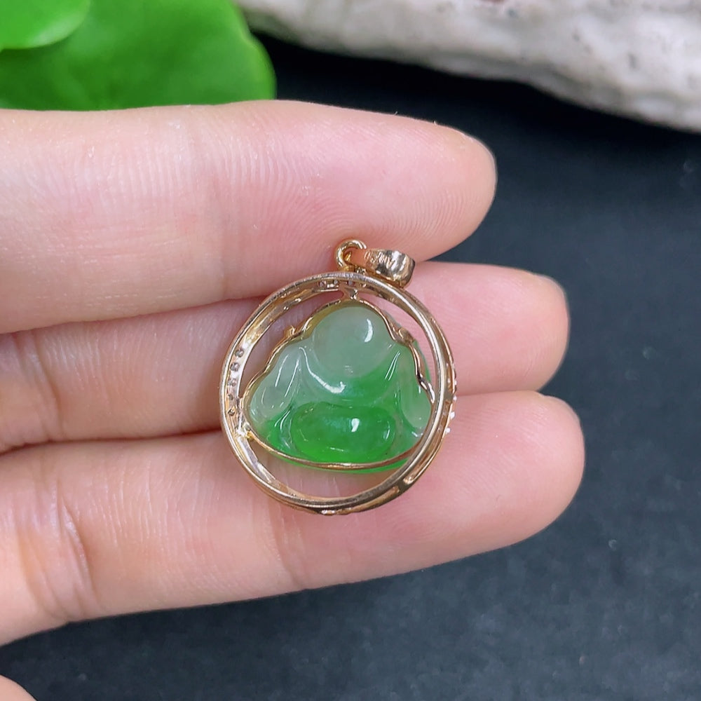 Jadeite Buddha pendant necklace with 18K gold and diamond accents, showcasing intricate craftsmanship and elegant design.