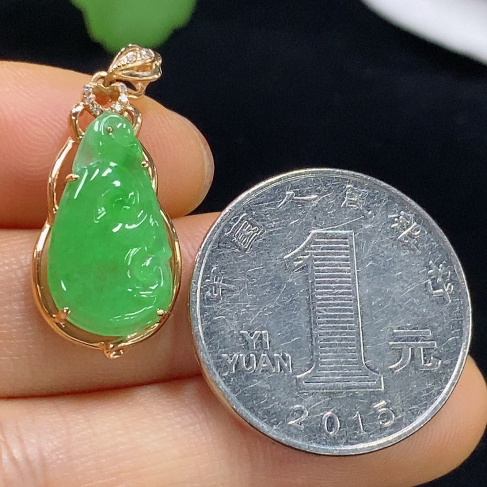 HUILIU HQ Jadeite Ruyi pendant with inlaid diamonds, showcasing intricate craftsmanship and smooth jade surface.