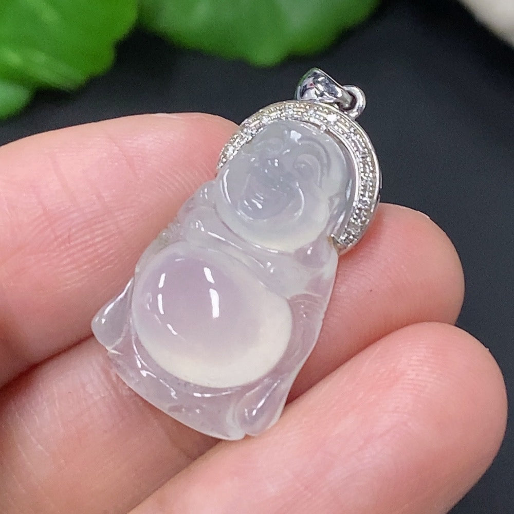 HUILIU HQ jadeite Buddha pendant with diamond accents, intricately carved, showcasing detailed craftsmanship and vibrant green jade.