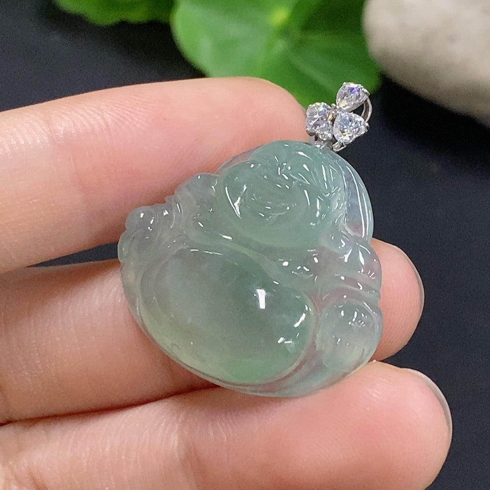 Jadeite Buddha pendant in 18K gold necklace, featuring a detailed carved Buddha figure on a delicate chain.