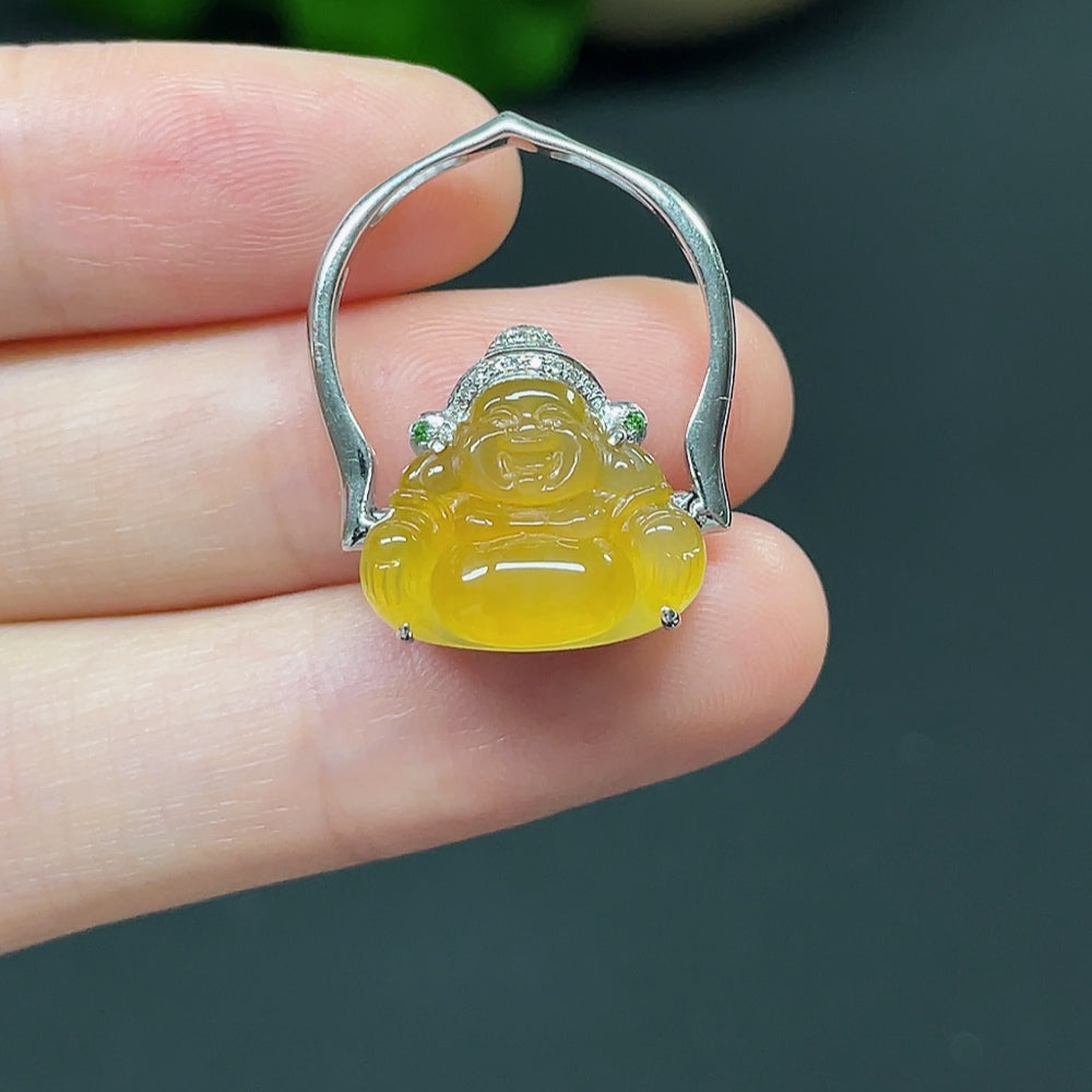 Jadeite Buddha Blessing Inlaid Pendant with 18K Gold and Diamond Accents (Colorless) Color Origin Undetermined