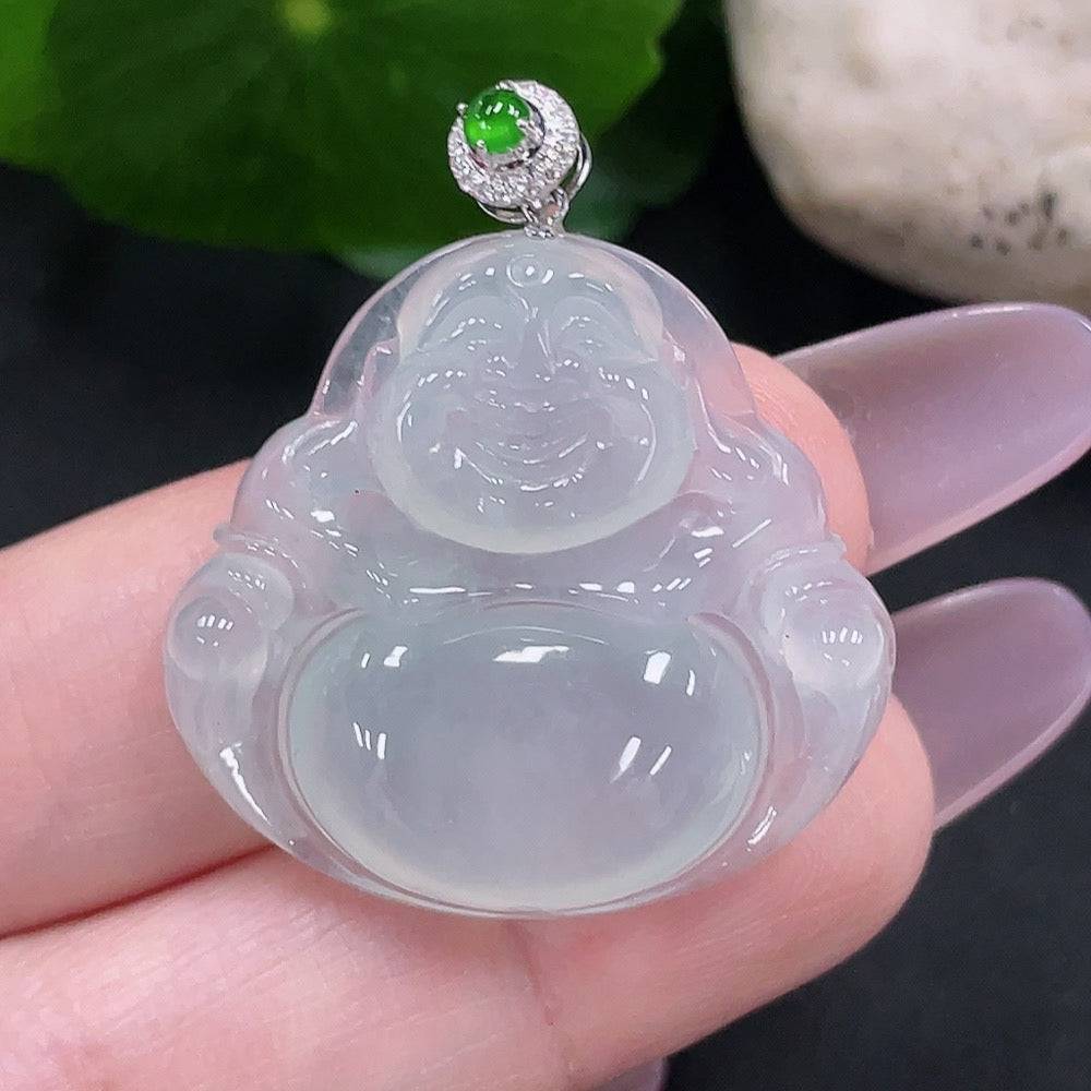 Huiliu Certified jadeite Buddha pendant with diamond accents, showcasing intricate craftsmanship and a serene Buddha figure.