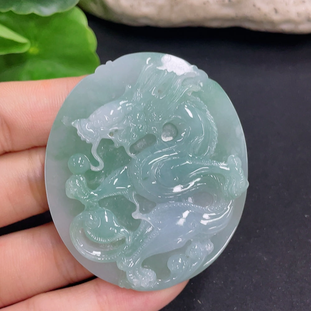 Jadeite dragon pendant necklace in HKHQ brand, weighing 41.06g, featuring a detailed green jadeite dragon design.