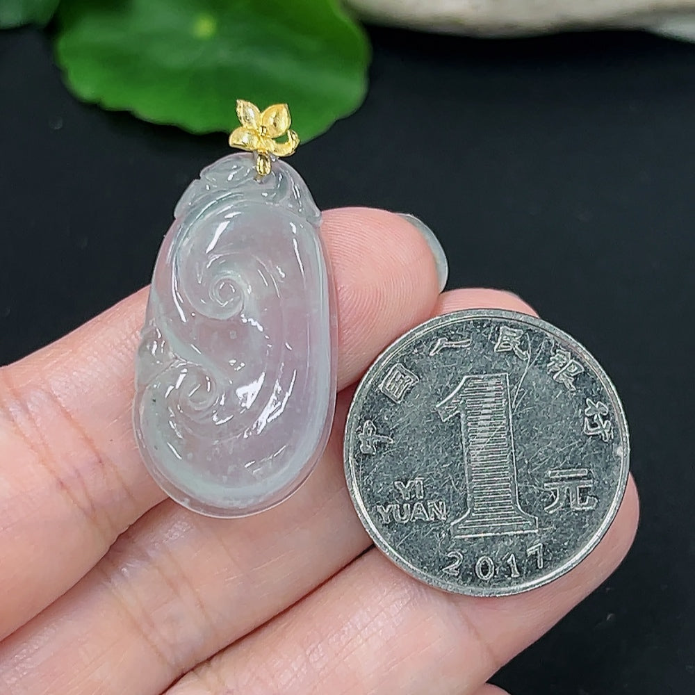 Jadeite Ruyi pendant necklace with 18K gold setting, HKHQ brand, showcasing smooth, polished green jadeite craftsmanship.