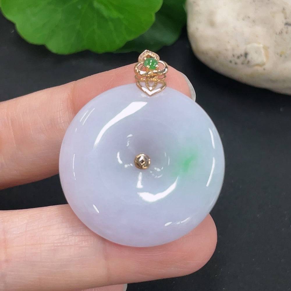 Jadeite safety buckle pendant with 18K gold setting, crafted by HUILIU HQ, showcasing a smooth green jade stone on a chain.