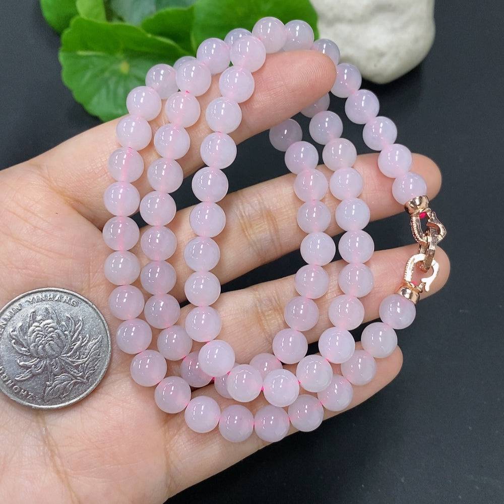 HUILIU HQ jadeite beaded necklace with 7.3mm beads, non-gold, weighing approximately 57.4 grams, showcasing smooth, polished jade beads.