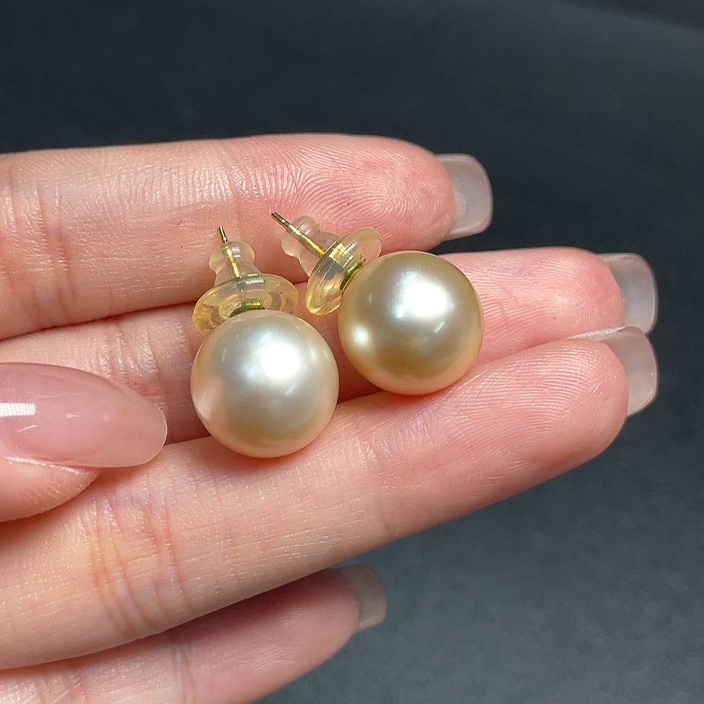 HUILIU HQ seawater pearl earrings with 18K gold settings, 12.8mm pearls, elegant jewelry with natural pearl color and gold accents.