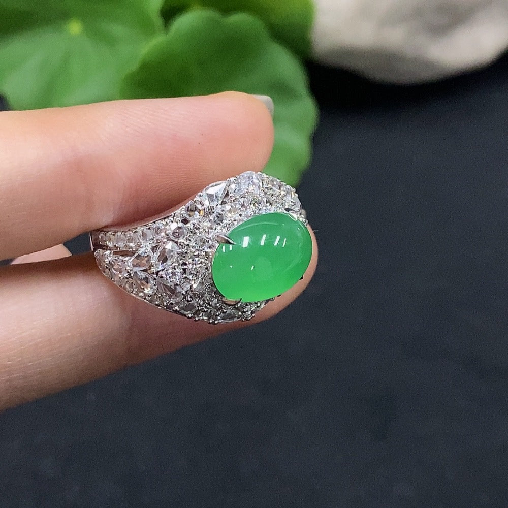 Jadeite Cabochon Ring with 18K Gold, Size 15, Accented with Diamonds, Total Weight Approx. 7.7g