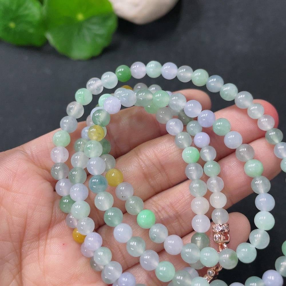 HUILIU HQ jadeite bead necklace with 5mm non-gold jade beads, total weight 26.6g, showcasing the smooth, polished jade surface.