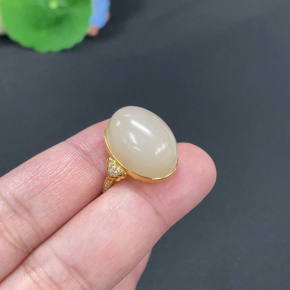 Hetian jade inlaid ring by HUILIU HQ, size 15, 6g weight, featuring 18k non-diamond jade jewelry with intricate design