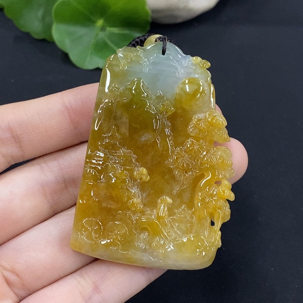 Jadeite landscape pendant from HUILIU HQ featuring a detailed carved jade design, approximately 43.4g weight.