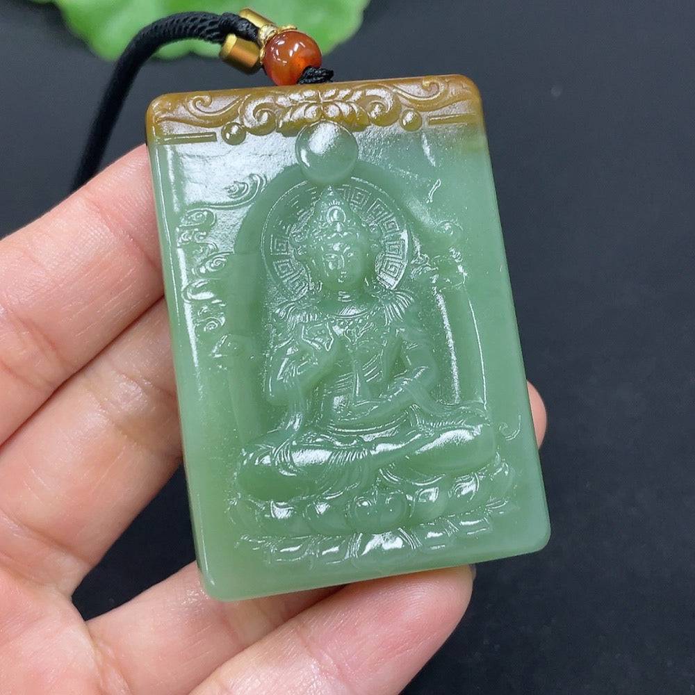 Huiliu HQ Hetian Jade Pendant featuring Guanyin figure, beautifully carved jade jewelry with intricate details and smooth finish.