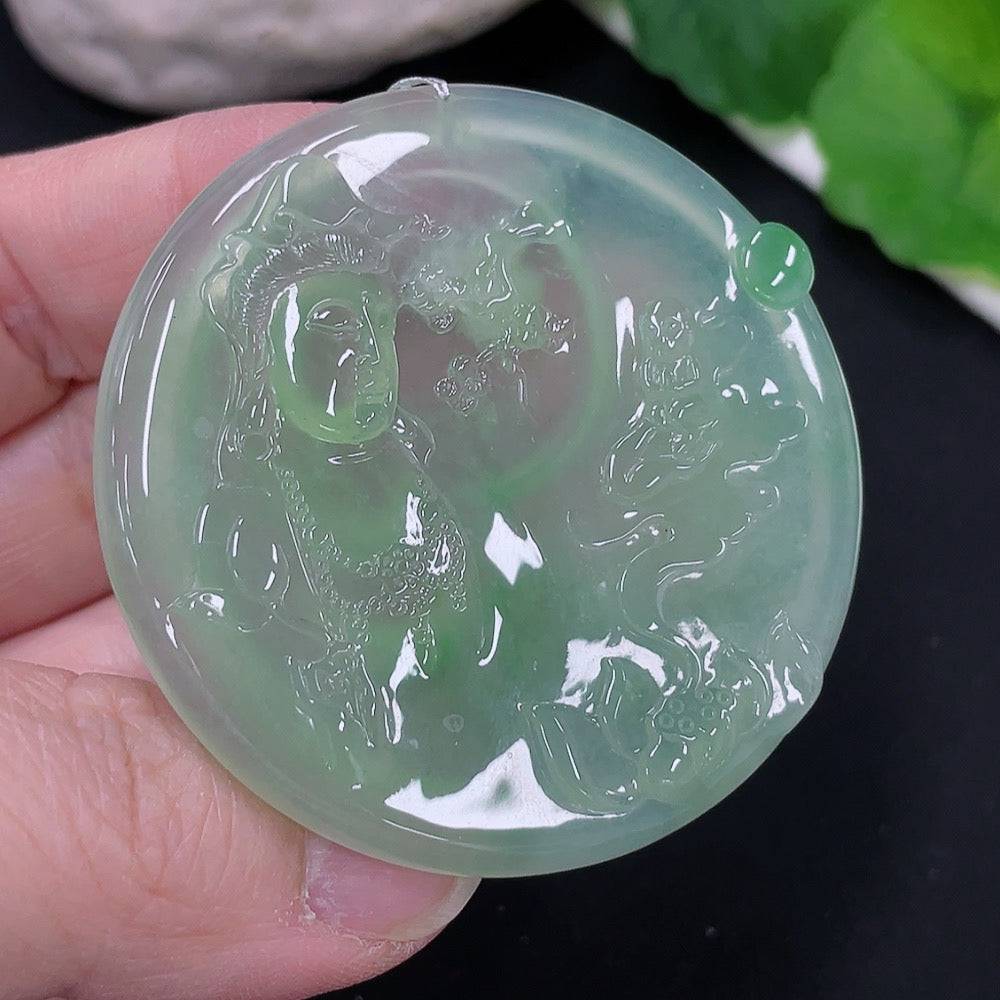 Huiliu Jadeite Guanyin pendant with intricate carved design, crafted from high-quality jade, featuring a serene Buddhist figure.