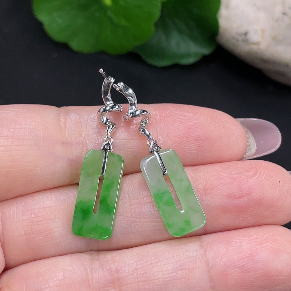 HUILIU HQ jadeite earrings with 18K gold and diamond accents, showcasing elegant green jade gemstones and gold hooks.