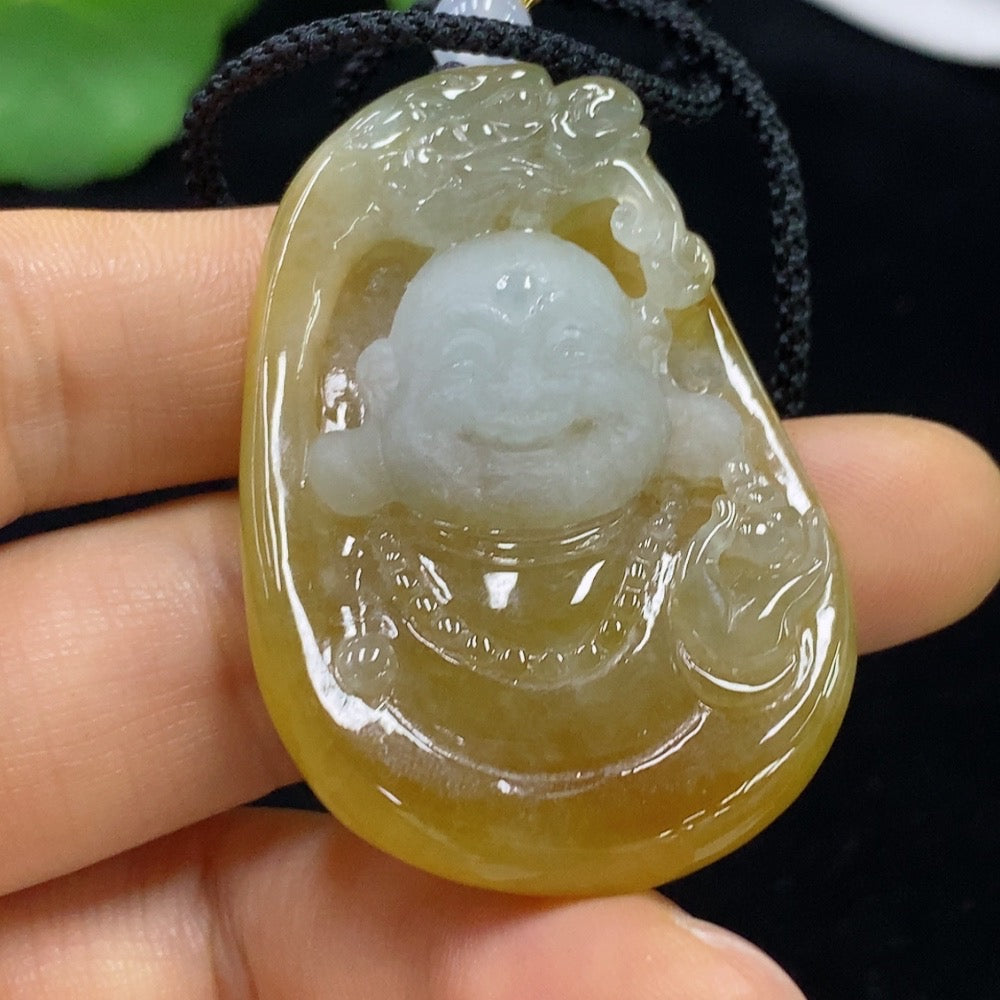 Jadeite Buddha Pendant . (including rope weight) with non-A grade beads | Huiliu Certified