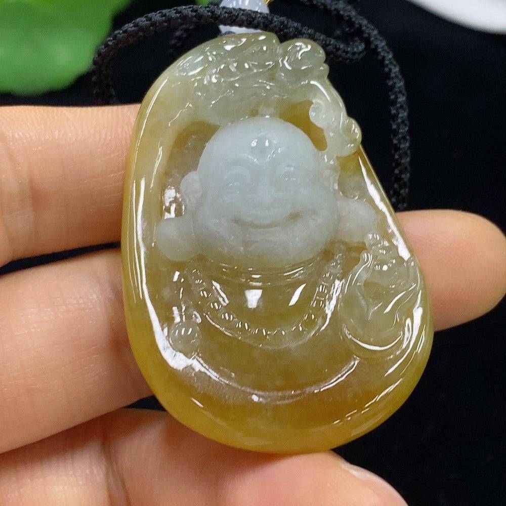 Huiliu Jadeite Buddha pendant with rope weight and non-A grade beads, featuring detailed carved Buddha figure on smooth jade surface.