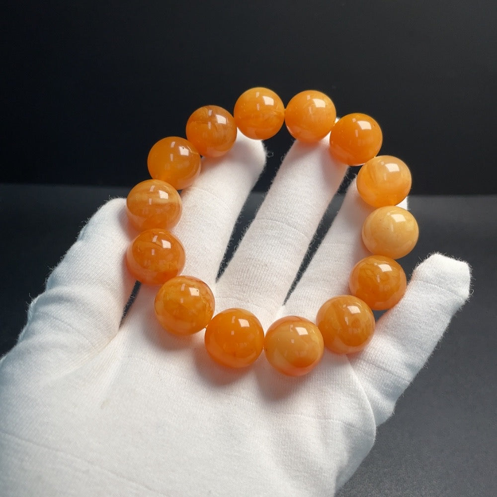 Huiliu Certified Amber Beeswax Bracelet, 16mm round amber beads with natural warm tones, handcrafted jewelry accessory.
