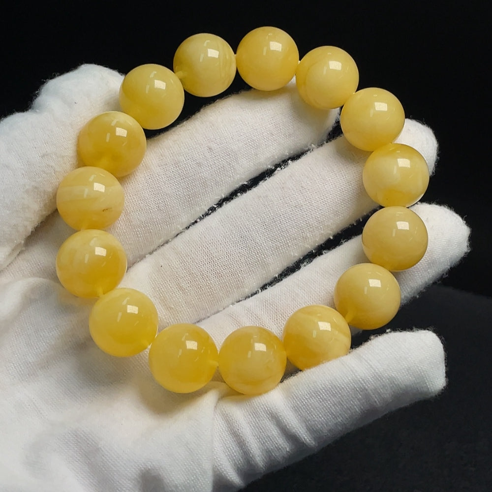 Huiliu Amber Beeswax Bracelet, about 14.1mm size, natural amber jewelry with warm honey tones, certified by HUILIU HQ.