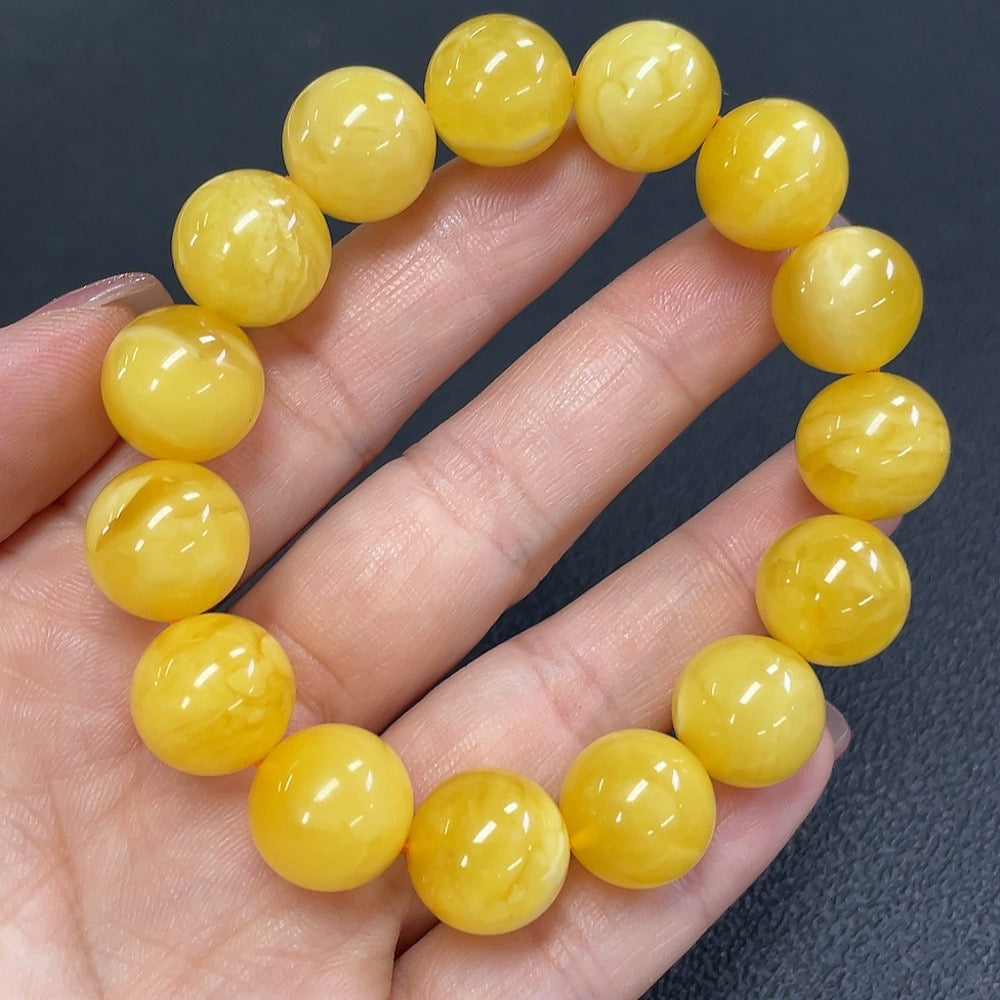Huiliu Grade A Jadeite Amber Beeswax Beads Bracelet with 13.3mm beads, weighing 19.76g, certified natural amber jewelry.