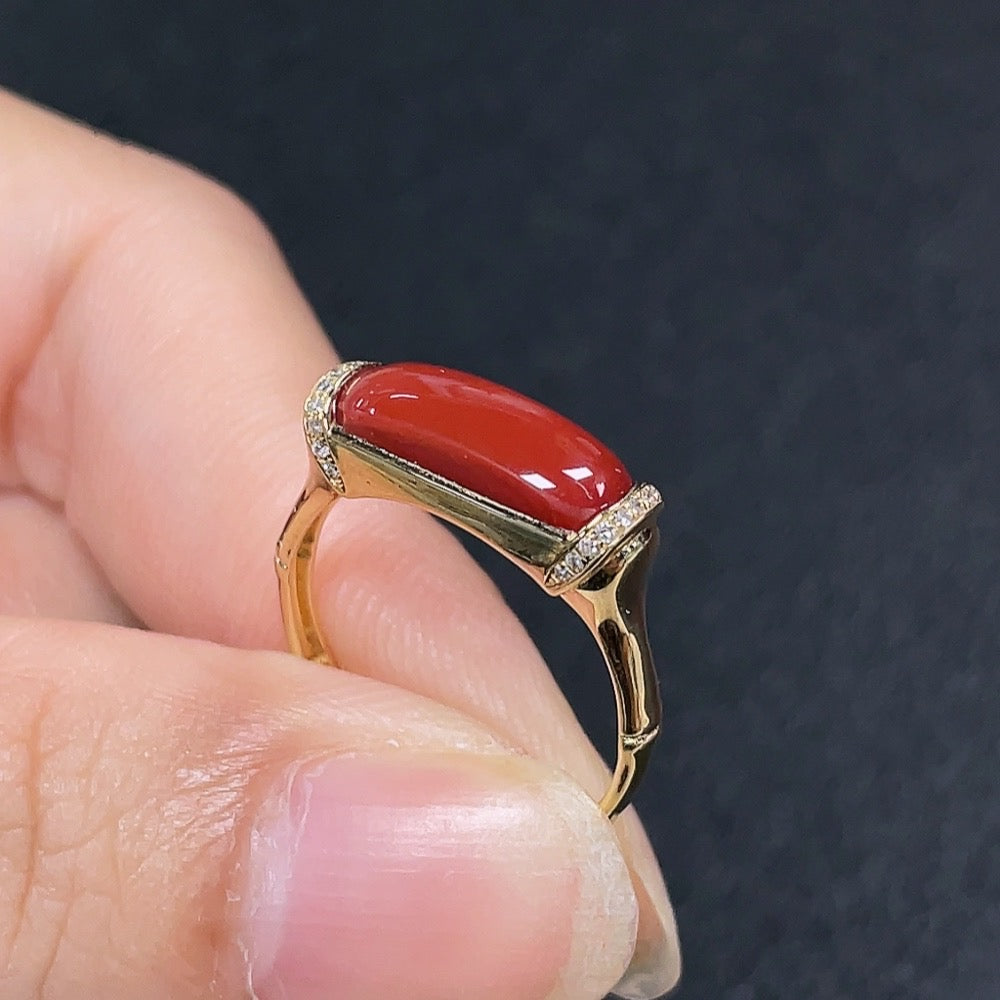 18K red agate ring with a 13.8x4.2mm gemstone, size 15, featuring a total weight of 2.62g, by HUILIU HQ.