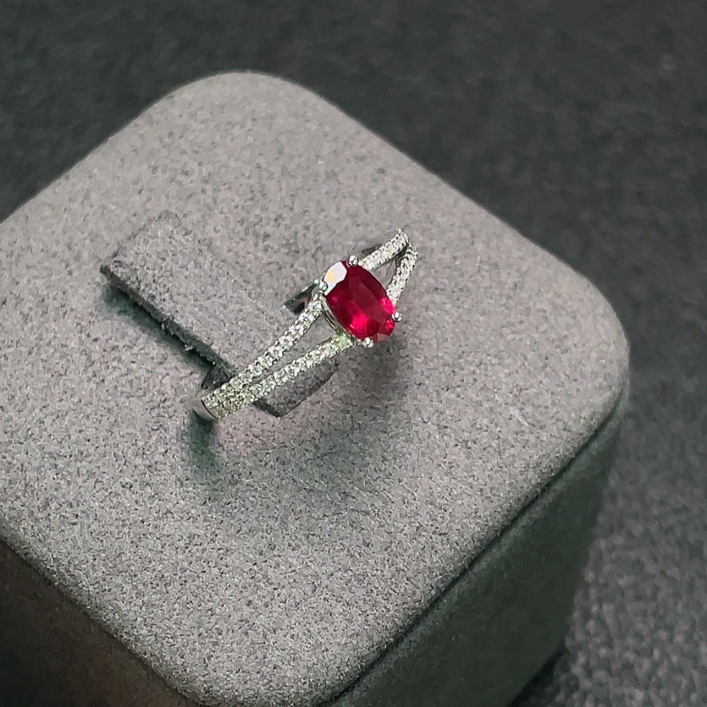 18K ruby ring with diamond accents, size 12, featuring a 5.9x3.2mm ruby gemstone, by HUILIU HQ.