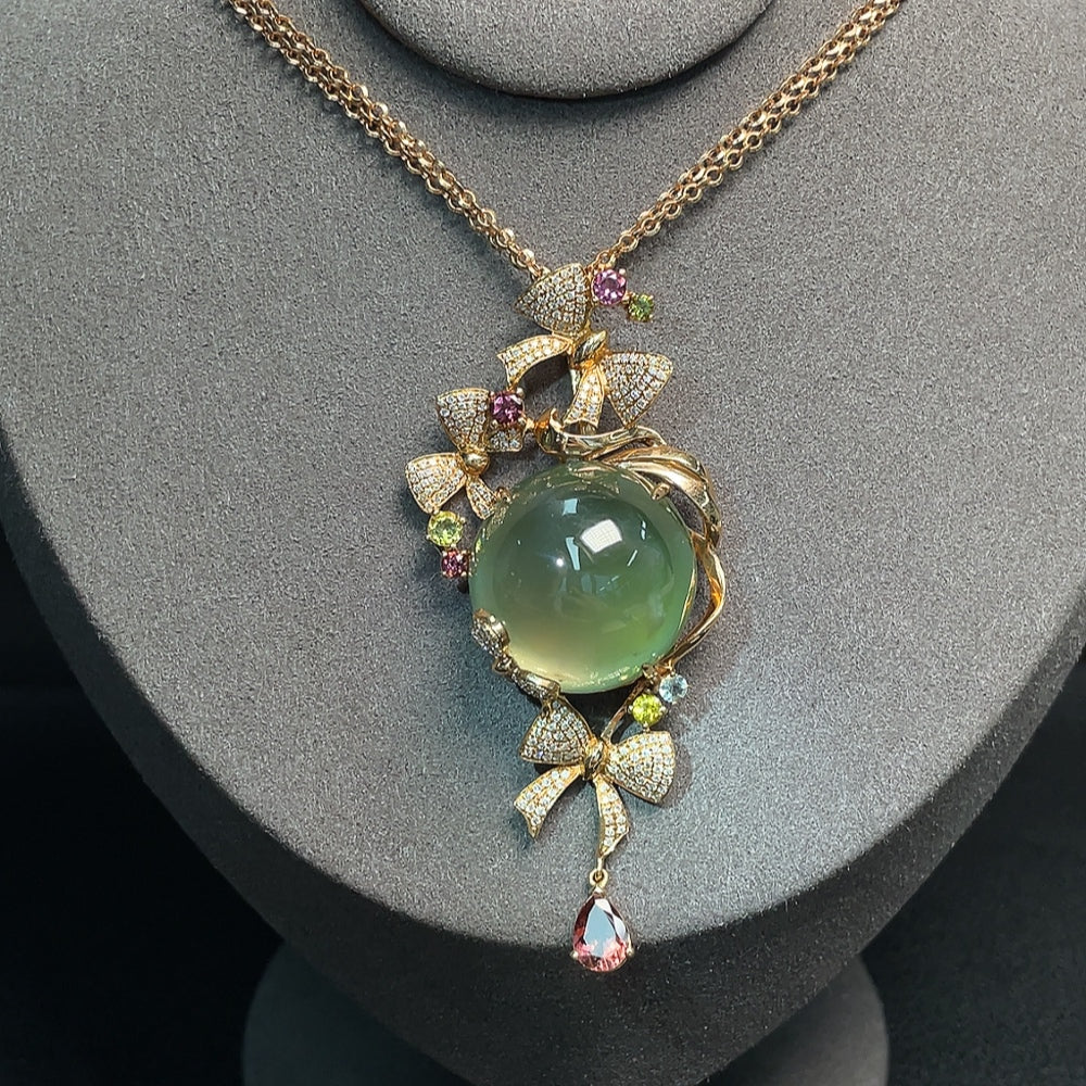 Huiliu certified prehnite pendant with colorless diamonds and tourmaline accents, includes chain, gemstone jewelry with intricate design.