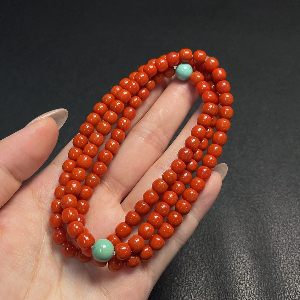 Red Agate Bead Necklace with organic inclusions, 6mm beads, turquoise accents, from HUILIU HQ, showcasing natural gemstone details.