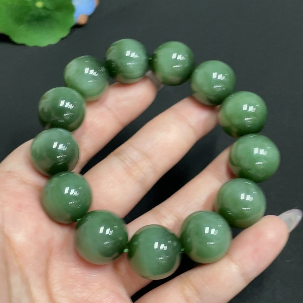 Hetian jade bead bracelet with 16.2mm beads, crafted by HUILIU HQ, weighing approximately 96.1 grams.