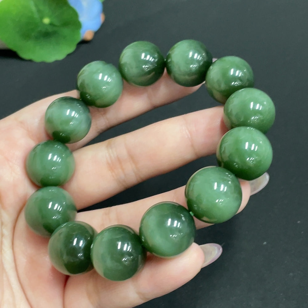 Hetian jade bead bracelet with 16.2mm beads, crafted by HUILIU HQ, weighing approximately 96.1 grams, natural jade jewelry
