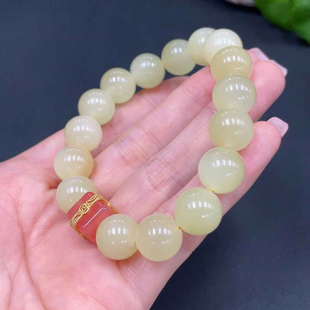HUILIU HQ Hetian Jade beaded bracelet with 12mm jade beads, weighing approximately 46.6g, includes non-Hetian jade beads.