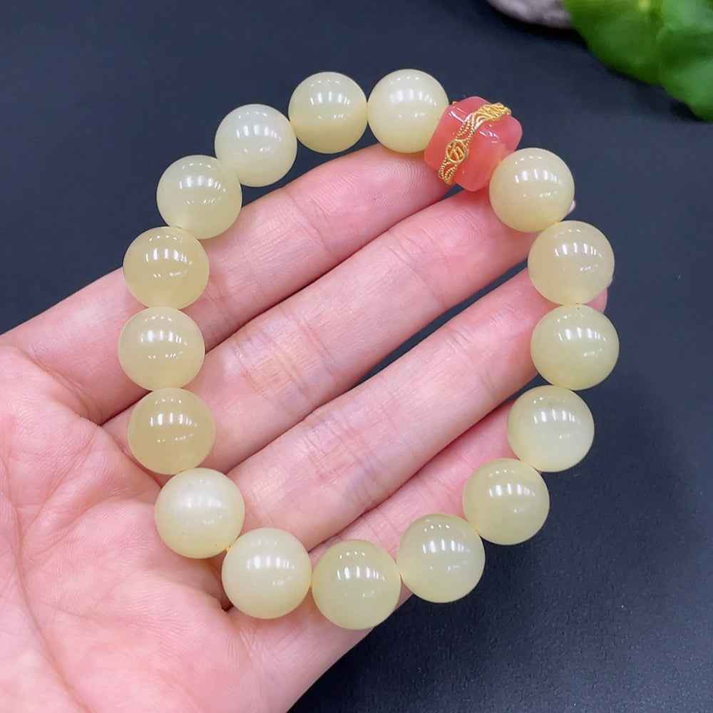 HUILIU HQ Hetian Jade beaded bracelet with 12mm jade beads, weighing approximately 46.6g, includes non-Hetian jade beads.