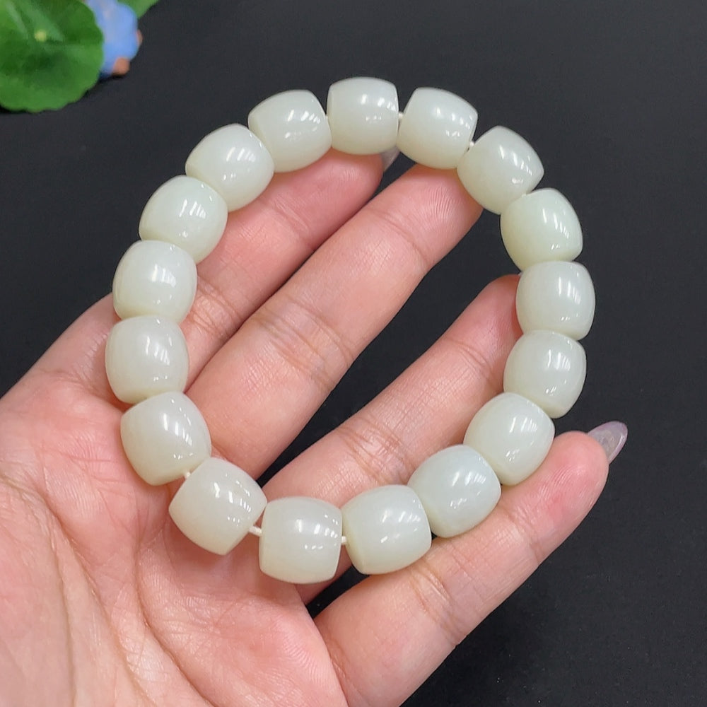 Huiliu Certified Hetian Jade Bracelet, 12.7mm, elegant jade bracelet with smooth polished stones from HUILIU HQ.