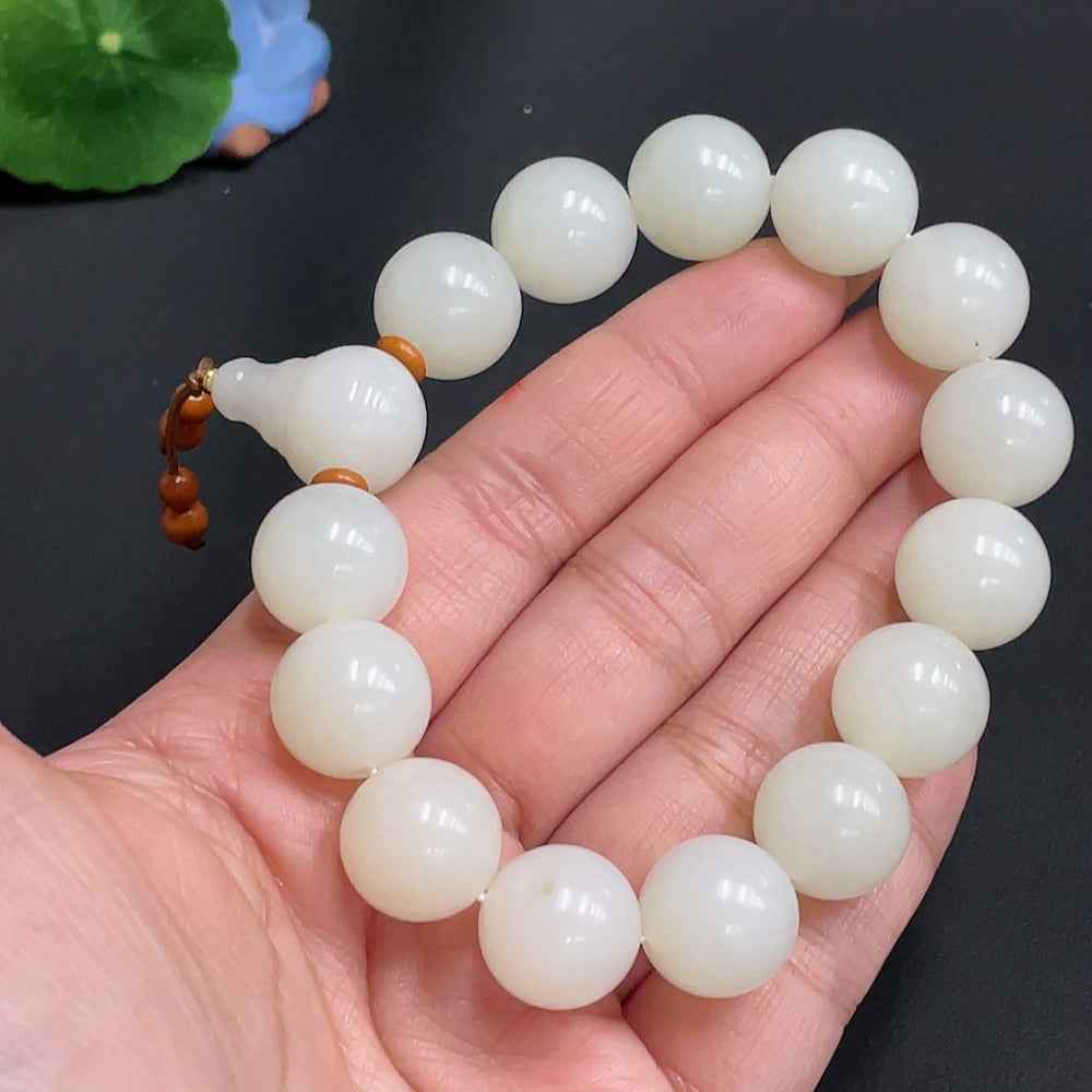 HUILIU HQ Hetian Jade bracelet with 14.4 mm beads, approximately 73.4g, featuring natural jade and non-Hetian jade beads.