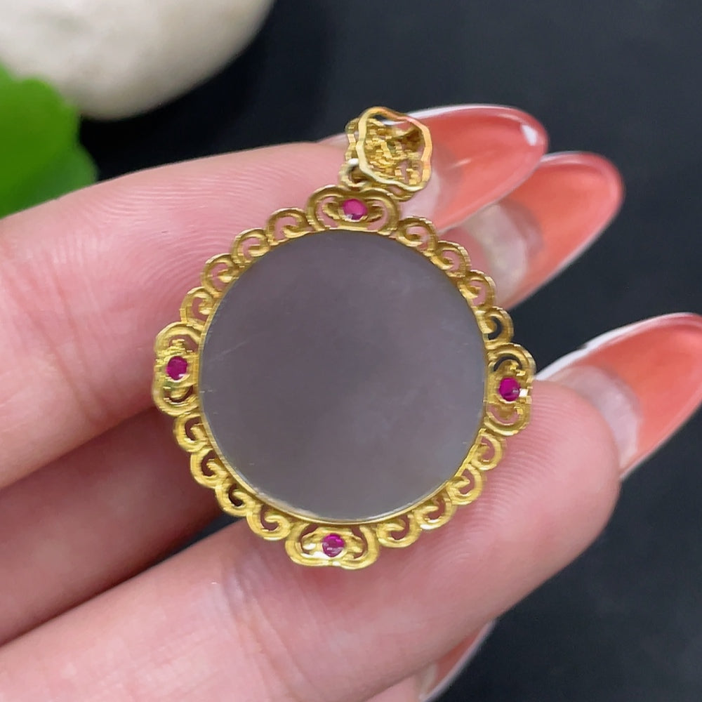 Hetian jade cabochon pendant with 18k gold setting, featuring a smooth green jade stone, from HUILIU HQ.