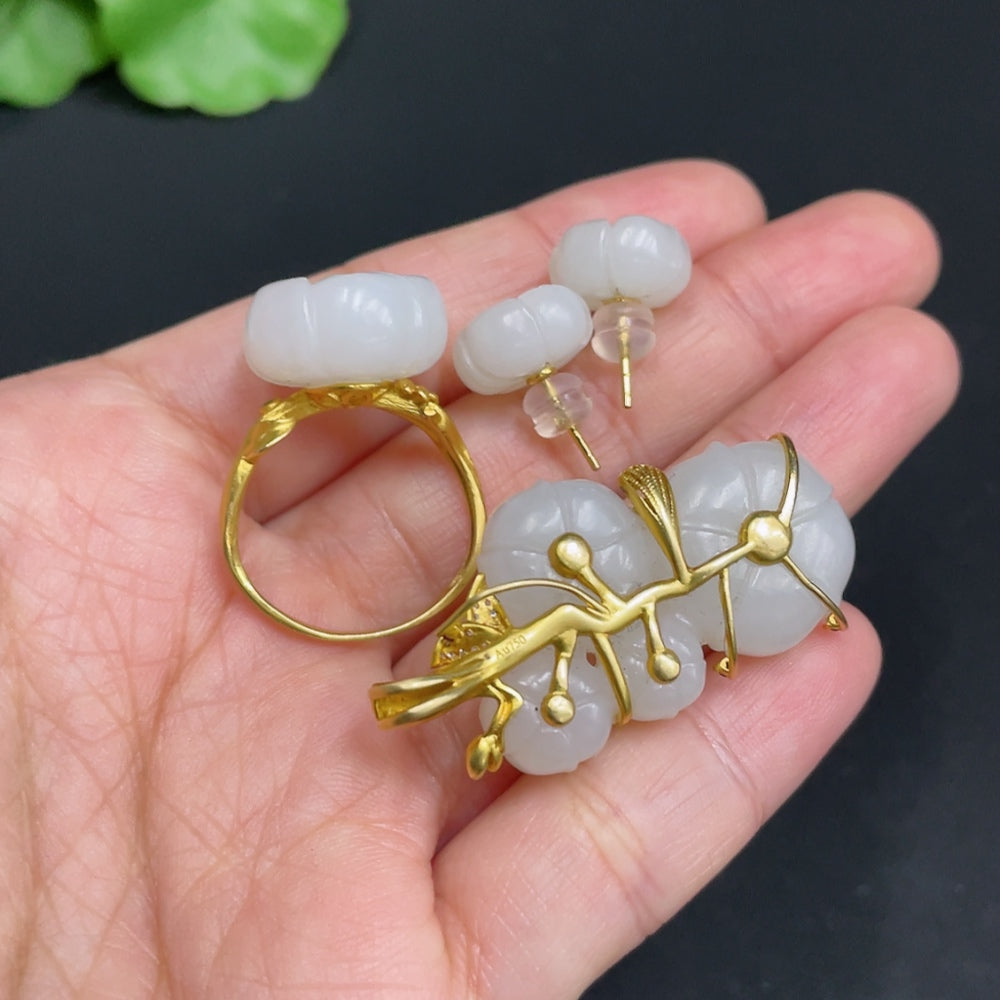 Huiliu HQ Hetian jade pendant earrings and ring set with 18k gold, diamond accents, and detailed inlaid design, size 17.
