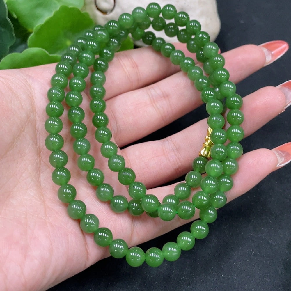 Huiliu Hetian Jade Jasper Bead Necklace with 6mm round beads, natural jade jewelry, certified by HUILIU HQ