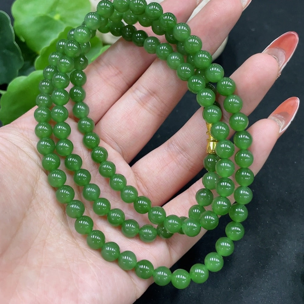 Huiliu certified Hetian jade jasper bead necklace with approximately 6mm natural jade beads, showcased in a close-up image.