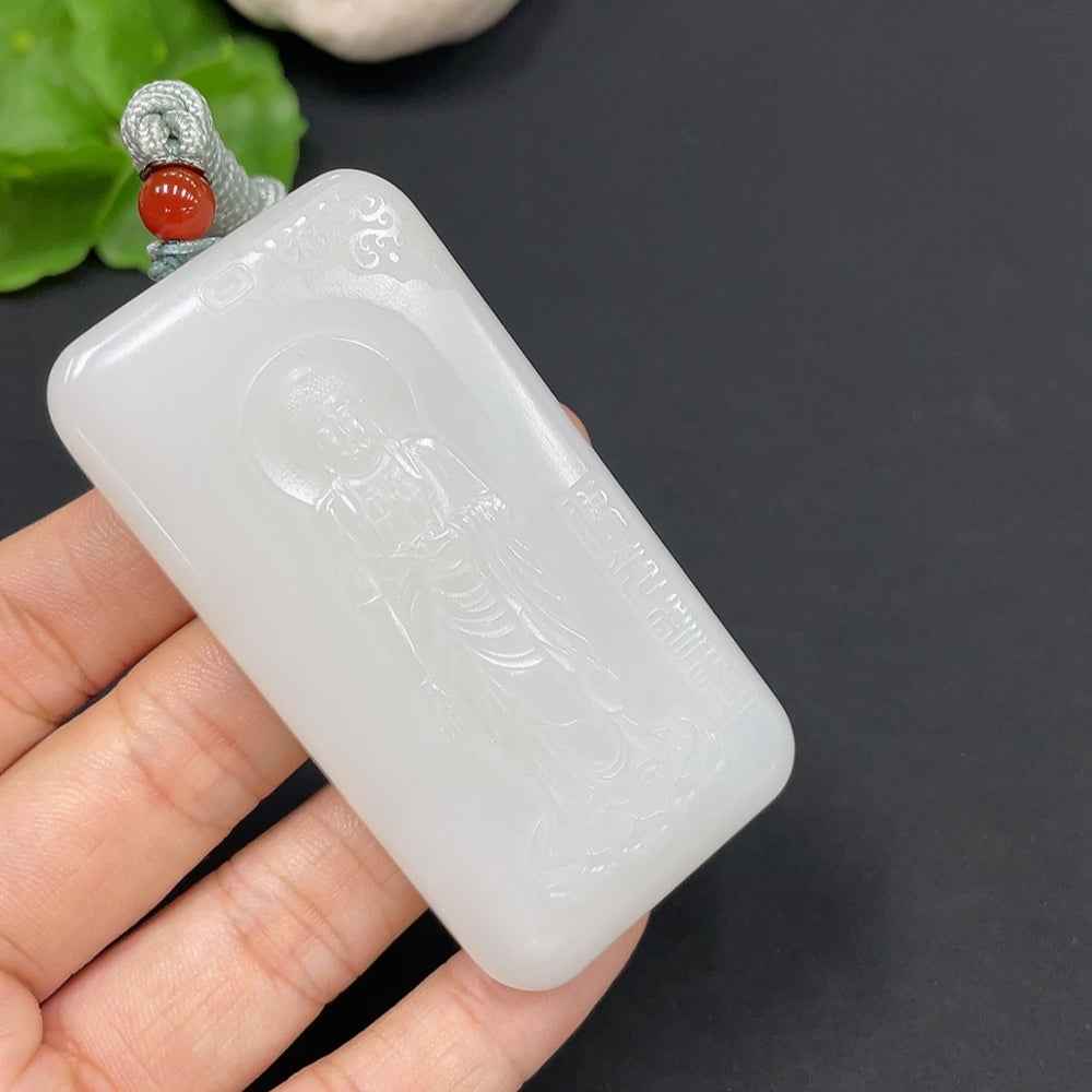 Hetian Jade Pendant featuring Amitabha Buddha, weighing approx. 78.4g with rope, natural jade color, from HUILIU HQ.