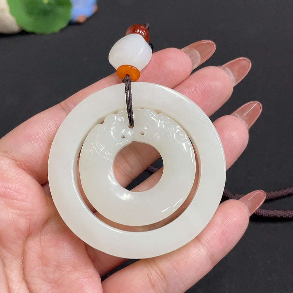 Huiliu HQ antique-style Hetian jade pendant with beads, weighing approximately 55.4g including rope, featuring intricate carved details.